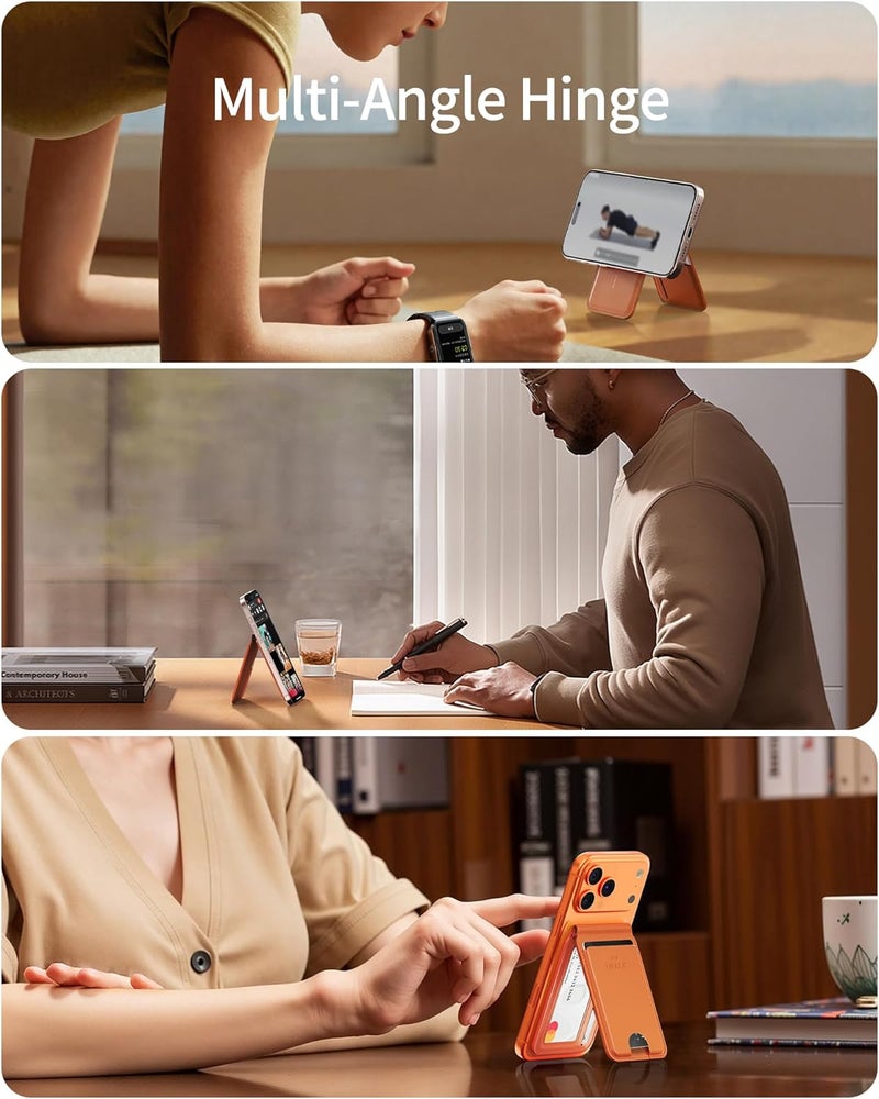 iWalk Stronger Magnetic Wallet, Upgraded for MagSafe Wallet, RFID Blocking, 5 Card Holder with Adjustable Stand, Slim Leather Phone Wallets for iPhone 17/16/15/14/13/12 Series, iPhone Wallets Orange - Image 4